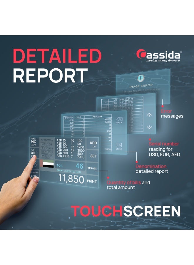 Cassida Artemis: 2-pocket mixed value counter & sorter with Detection, 15 currencies (AED, USD, EUR, GBP, BHD, KWD, SAR, OMR, QAR, INR, TZS, XAF, XOF, KES, LKR), external display and Cassida Cover - Image 2